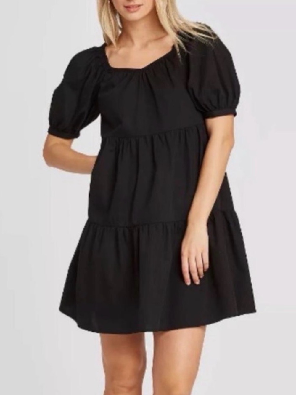 Who What Wear Black Cotton Babydoll Mini Dress Puff Sleeve Size Large (1406)